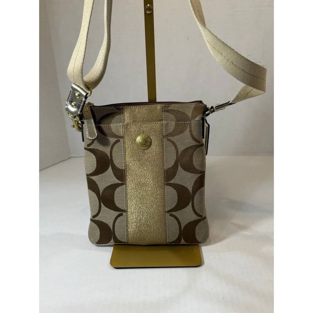 Coach‎ Signature Jacquard Gold Lurex Swingpack Crossbody Bag North South 42246